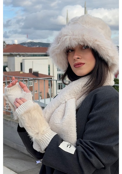 Mollycrush Kadın Peluş Kürk Kışlık Şapka Boyunluk Eldiven Seti 3 Lü Soft Takım Bej