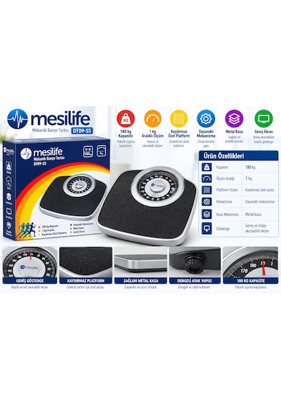 Mesilife Dt09-ss Mekanik Banyo Baskülü 180 Kg Kapasiteli 1 Kg Hassasiyetli Kaymaz Platform Metal Kasa
