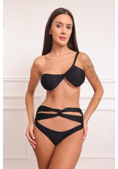 Tek Omuz Büzgülü Bikini - Siyah Siyah