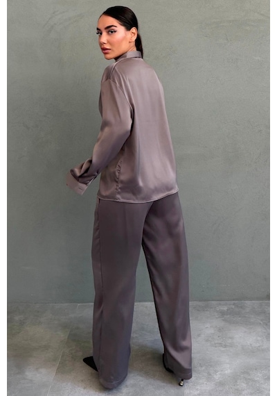 Madmext Kahverengi Saten Gömlek Pantolon Takım Mg2745