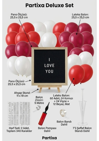 Sevgililer Günü Yıl Dönümü Süsleme Deluxe Set Siyah Keçe Yazı Panosu Standlı Balon Zincirli 7li Şeffaf Balon Standlı Set Kırmızı
