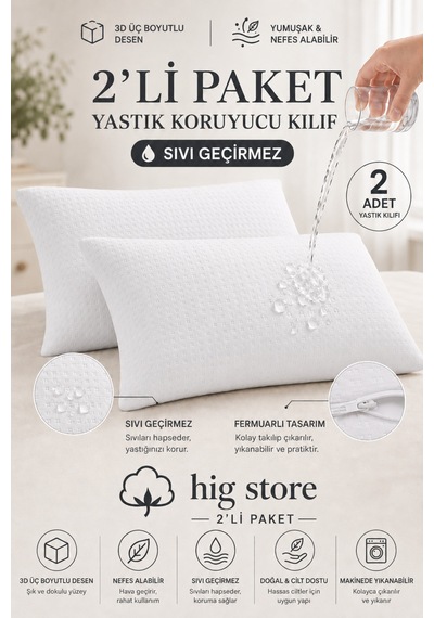 3d Kare Desenli Pamuklu %100 Sıvı Su Geçirmez 50x70 Ebat Fermuarlı Yastık Alezi 2 Adet Beyaz
