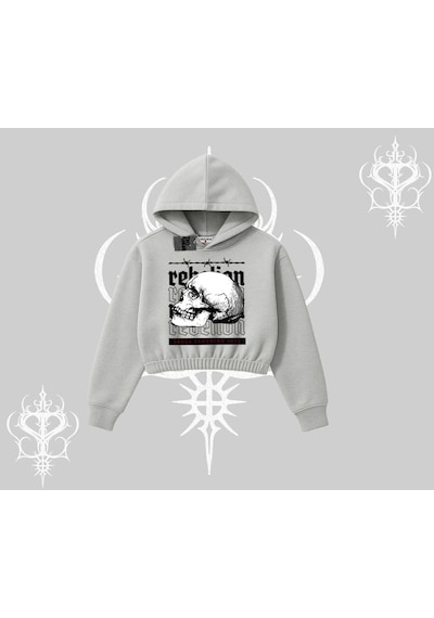 Kapşonlu Crop Sweatshirt Rebellion Skull Underground Street Legacy Gri
