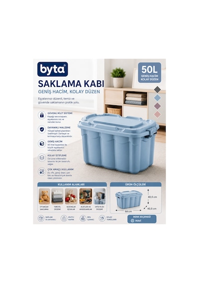 50 Litre Kapaklı Büyük Boy Çok Amaçlı Saklama Kutusu Dayanıklı Plastik Organizer Mavi