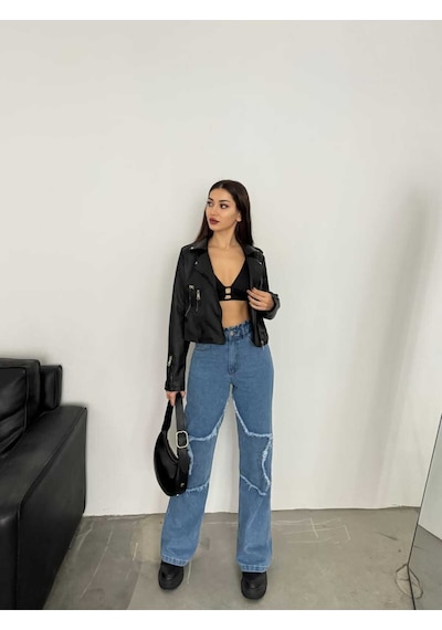 Shevega Kadın Mavi Bacak Yildizli Bol Paça Kot Jeans Pantolon Mavi