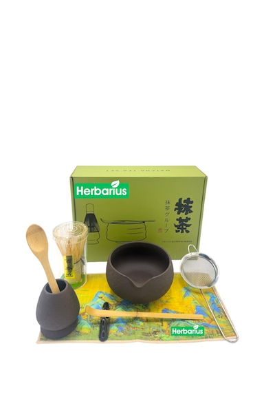 Herbarius 8 Parça Dokulu Mat Siyah Renk Matcha Çayı Hazırlama Seti - Geleneksel Japon Matcha Seti