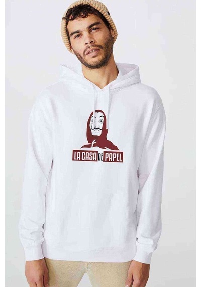 La Case De Papel Hodie Baskılı Beyaz Erkek Örme Sweatshirt (531040597)