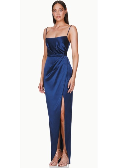 Hanife Glam Couture Hanife Glam Askılı Straplez Asetat Saten Abiye Elbise Lacivert