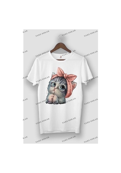 Tarzsokak Oversize Kadın Beyaz Sevimli Minik Kedi Baskılı