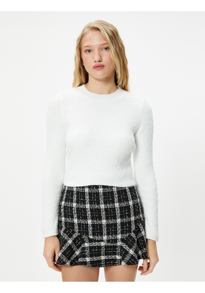Koton Basic Peluş Crop Kazak Uzun Kollu Yuvarlak Yaka Ekru 4wal90098ht 4WAL90098HT010 Ekru