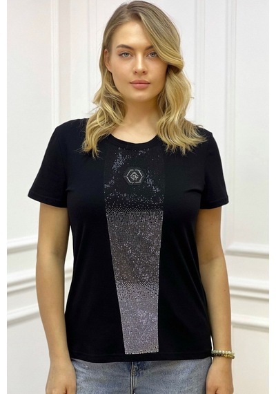 Rich Glam Bisiklet Yaka Crystal Taşlı Büyük Beden Plus Size Pamuk Şık Rahat Siyah Kadın T-shirt Siyah