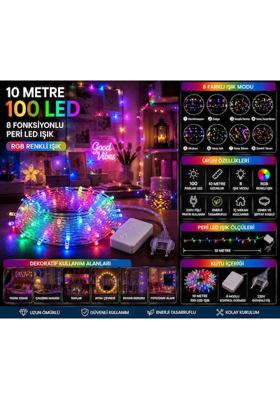 Rgb Renkli Peri Led Işık 8 Fonksiyon 10 Metre 100 Ledli Dekoratif Yılbaşı Ağacı Parti Ev Oda Süsleme Diğer