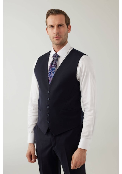 Erkek Lacivert Sivri Yaka Slim Fit Yelekli Takım Elbise