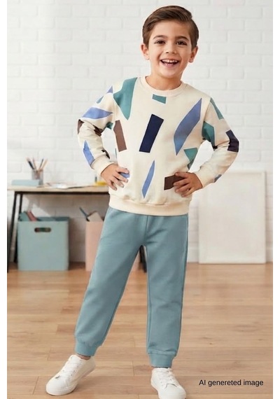 Pina Kids Erkek Çocuk Geometrik Desenli Okul Günlük Eşofman Takımı Esf7038 Mint