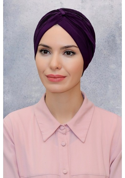 Hürrem Bone Mürdüm Pratik Hazır Geçmeli Tesettür Bone Fukuro Sandy Kumaş Büzg Mürdüm