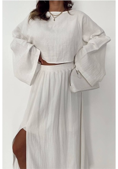 Unika Boutique Ham Keten Bohem Bluz Etek Takım beyaz