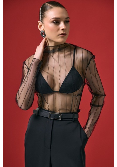 Ckm Moda Vaze Çizgili Transparan Bluz Siyah