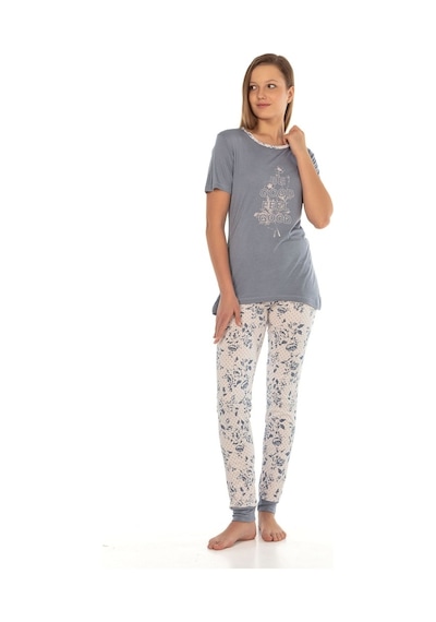 Vishenka Vıshenka Kadın Viskon Likrasız Baskılı Pijama Takımı Gri