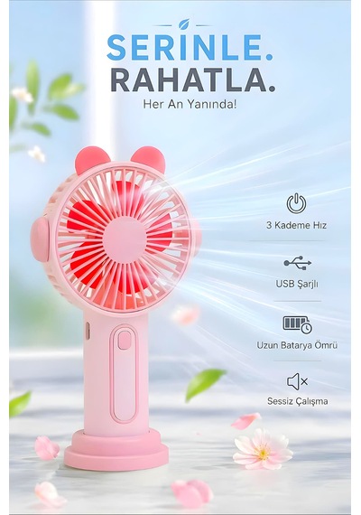 Şarjlı Taşınabilir Sevimli Kulak Tasarımlı Mini Fan 3 Kademeli Hız Telefon Standlı Vantilatör Pembe