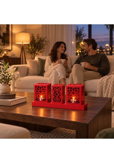 Lazer Kesim Metal Tealight Mumluk Ve Tütsülük Seti Geometrik Selçuklu Yıldızı Motifli Modern Ev Dekoru Benzersiz Masa Süsü Ve Hediye Kırmızı