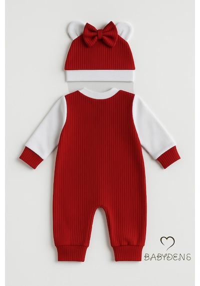 Babyden's Teddy Bear Temalı Yenidoğan Fitilli Tulum Takımı Ayıcıklı Kız Bebek Tulum Şapka Set %100 Pamuk Bordo