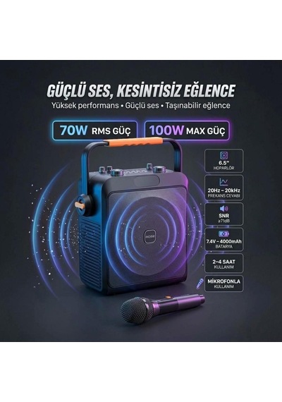 Rose Voice Hp-503 6.5'' 100watt Taşınabilir Ses Sistemi - El Tipi Telsiz Mikrofonlu