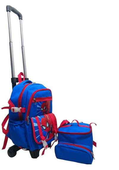 2 Kademeli Çekçekli Tekerlekli Karekter Desenli Erkek Mavi 3 Lü Set Takım İlkokul Sırt Çantası 40 27 17cm