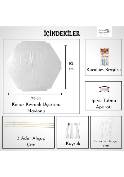 Uçurtma Yapım Seti / Naylon Altıgen / Ahşap Çıtalı / Beyaz
