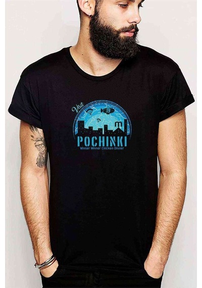 Pubg Pochinki Visit Mavi Baskılı Siyah Erkek Tshirt