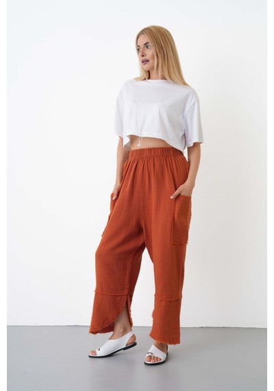 The Voler %100 Pamuk Müslin Şalvar Pantolon Kadın Yüksek Bel Oversize Rahat Kesim Cepli Siyah Yazlık Pantolon Kiremit The Voler %100 Pamuk Müslin Şalvar Pantolon Kadın Yüksek Bel Oversize Rahat Kesim Cepli Siyah Yazlık Pantolon Kiremit