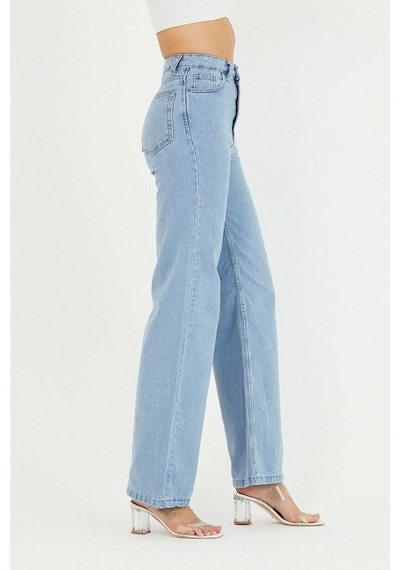 Palazzo Pantolon Buz Mavi Yüksek Bel Geniş Paça Bol Kesim Premium Jeans Buz Mavi