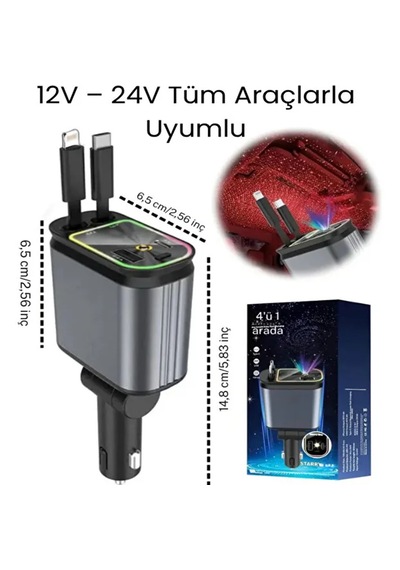 66w Led Işık Yıldızlı Tavan 3.4a Type-c + Araç Usb Çakmaklık Hızlı Şarj Cihazı Tüm Araçlara Uyumlu