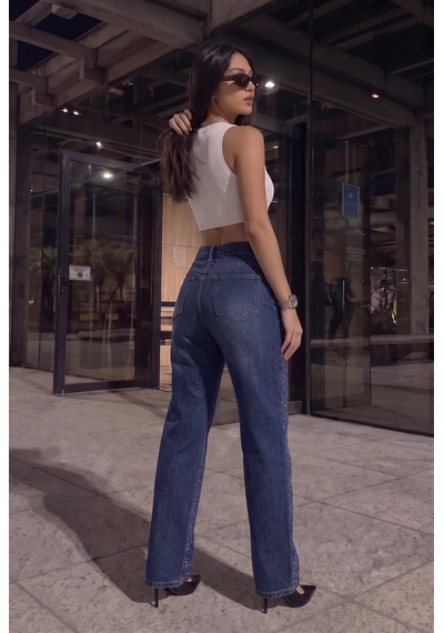 Kadın Koyu Mavi Likralı Yüksek Bel Önü Full Taşlı Wide Leg Geniş Paça Jean Kot Pantolon