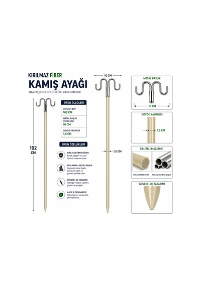 Hedyex Kırılmaz Fiber Kamış Ayağı 102 Cm Çift Başlıklı Olta Tutucu 1 Adet