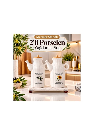 Mermer Standlı Porselen 1000 Ml Yağdanlık Set 3 Lü Yağlık Set Ayçiçek Yağı Zeytinyağı Şişesi Beyaz Beyaz