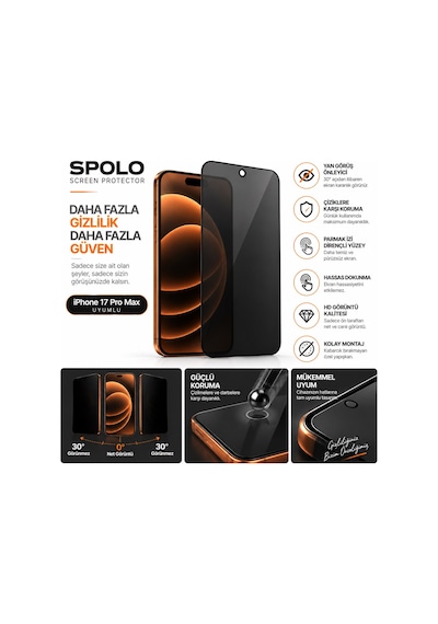 Spolo Apple iPhone Uyumlu  17 Pro Max Hayalet Ekran Koruyucu Gizlilik Camı Yan Görüş Önleyici