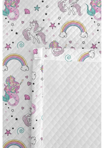 Evimde Bambaşka Unicorn Gökkuşağı Pudra Pembe Kız Çocuk Pike Takımı-deniz Kızı Mint Bebek Yatak Örtüsü - 160x220  CM