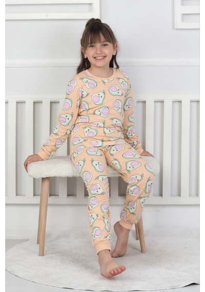 Fidekids Kız Çocuk Desenli Avakado Desen %100pamuklu Pijama Takımı Açık Somon