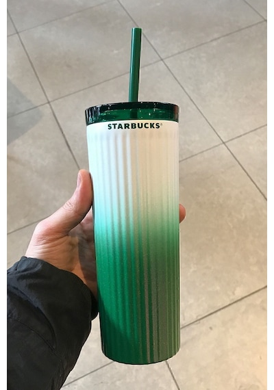 Starbucks Yeşil Beyaz Geçişli Çift Kapaklı Çelik Termos 473ml Yeşil