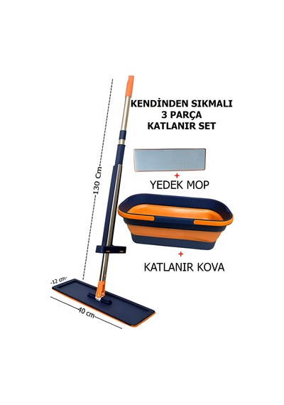 Katlanabilir Ve Tekerlekli Kovalı Mop Seti Yedek Mop Bezi Hediyeli Kendinden Sıkmalı Mop Seti