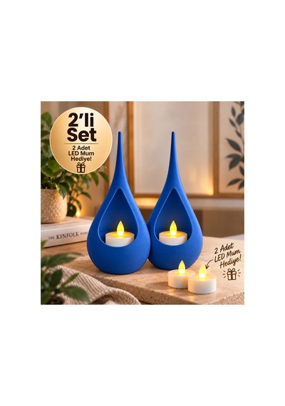 2 Li Dekoratif Mumluk Seti Modern Teardrop Tasarım, 2 Adet Led Mum Hediyeli, Şık Ev Dekorasyonu - Mavi Açık 16277120