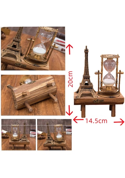 Eyfel Kulesi Cam Kum Saati Dekoratif Biblo Figür Ahşap Standlı Modern Ev Dekorasyon Hediyelik Eşya 20x14cm