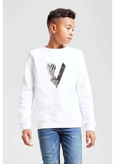 Tshirthane Vikings V Logo Baskılı Unisex Çocuk Beyaz Sweatshirt Beyaz