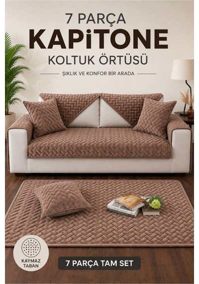 7 Parça Kaymaz Taban Kapitone 3 Lü Koltuk Çekyat Kanepe Örtüsü Kahverengi Kahverengi