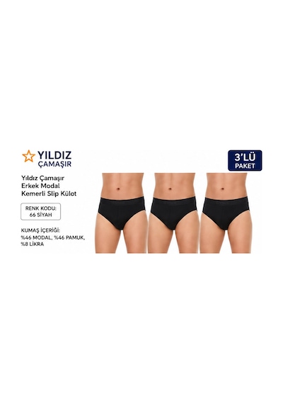 Yıldız Çamaşır Erkek Modal Likralı Kemerli Slip Külot 65-66-67 - 3 Adet Siyah