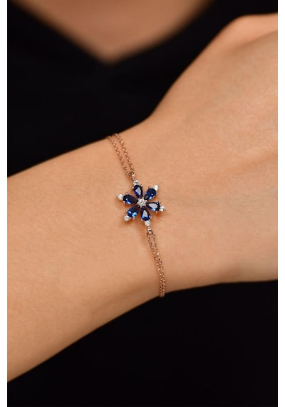 Roza Silver Safir Taşlı Rose Lotus Çiçeği Gümüş Bileklik
