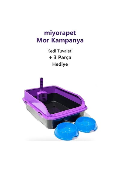 Miyorapet Mor Kampanya Açık Kedi Tuvaleti - Kürek - 2 Mama Kabı Hediyeli