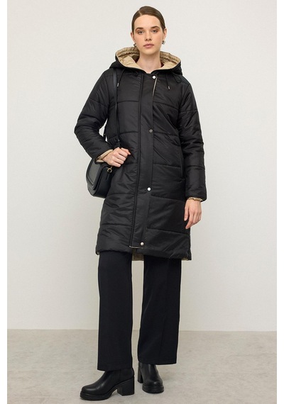 Olcay Kapüşonlu Garni Detaylı Kapitone Mont Siyah 6782