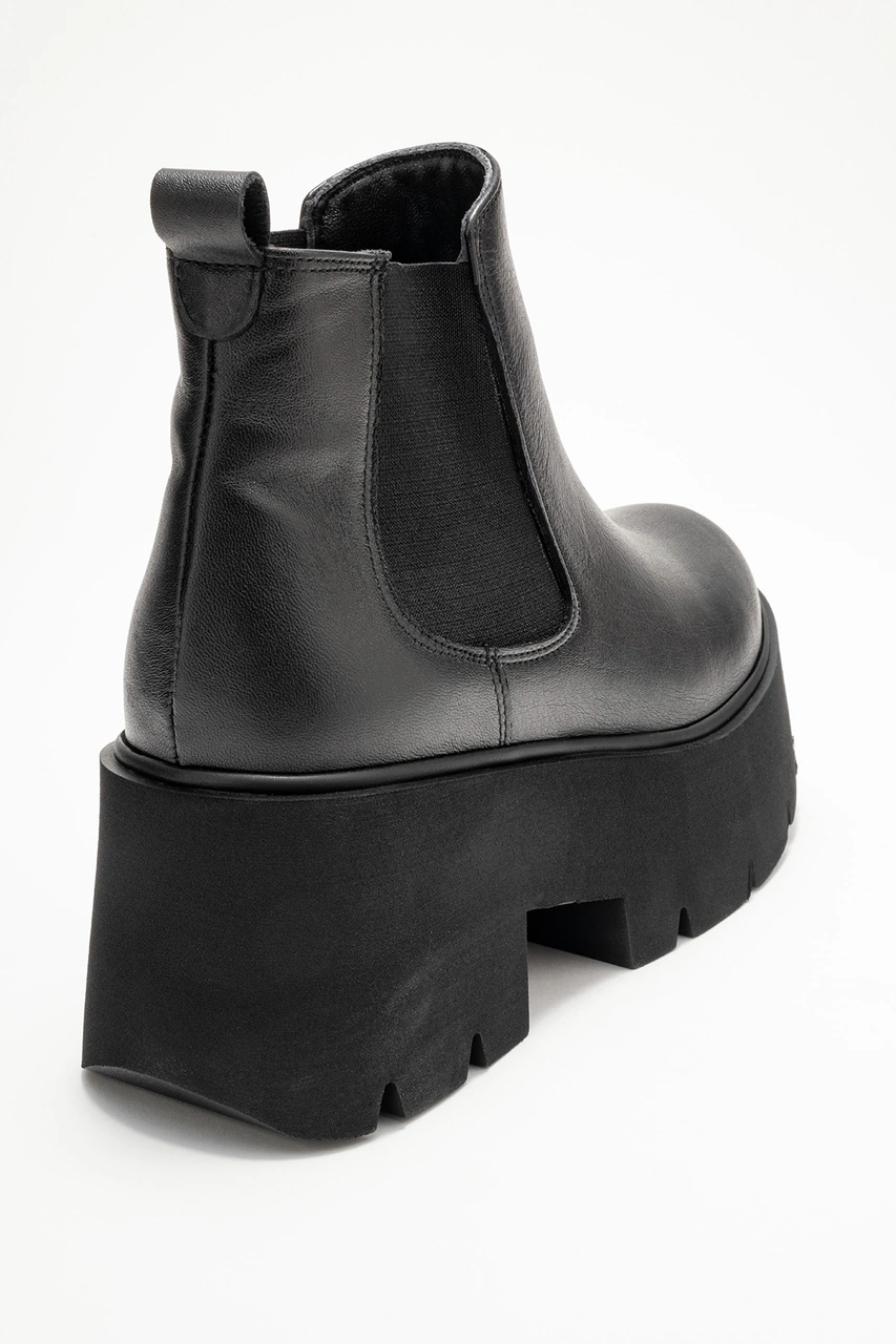 Luvishoes Clen Siyah Cilt Hakiki Deri Lastikli Kadın Kalın Tabanlı Bot Siyah-Cilt