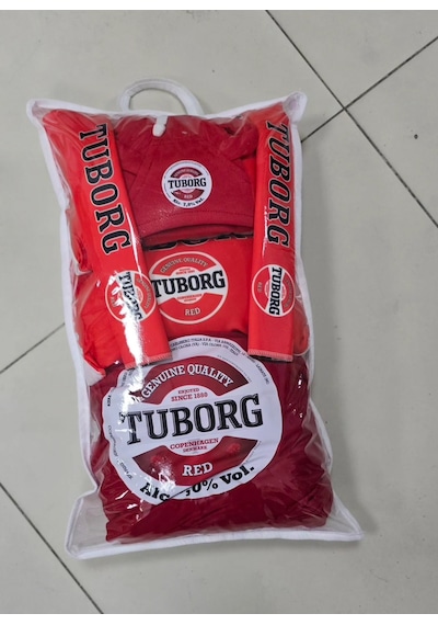 Kırmızı Tuborg Süper Set Dörtlü Servis Kılıfı + İkili Yastık Ve Kemer Kılıfı +vites Poları
